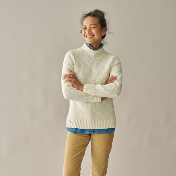 LL Bean Roll Neck Fisherman Pullover Sweater M Cream Cotton Oarsmen Mock Neck - Picture 1 of 6